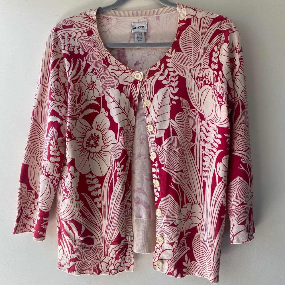 Chico's Vibrant Red and Cream Botanical Cardigan